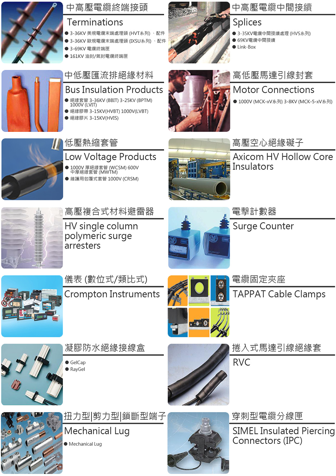 Raychem各式產品圖，如中高壓電纜終端接頭、中間接續、匯流排絕緣材料、熱縮套管、絕緣套管等